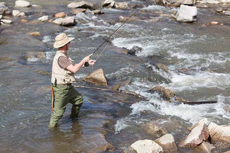 A man fly fishes in a river