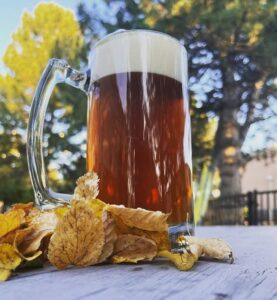 Crooked Beech Beer on patio table 