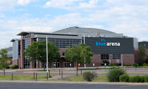 Blue FCU Arena on a sunny day from the south.