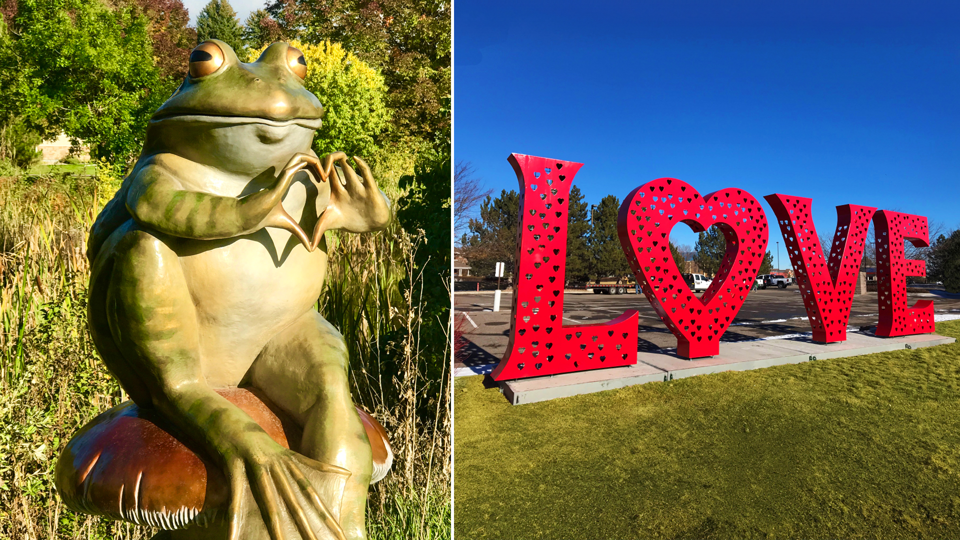 A sculpture of a frog at Benson Sculpture Garden and the Love Lock sculpture at teh Loveland Visitor Center.