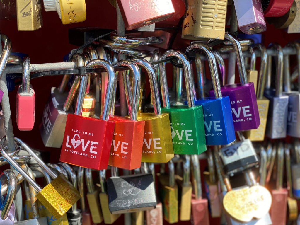 Love lock sculptures locked to the love lock sculpture at the loveland visitors center