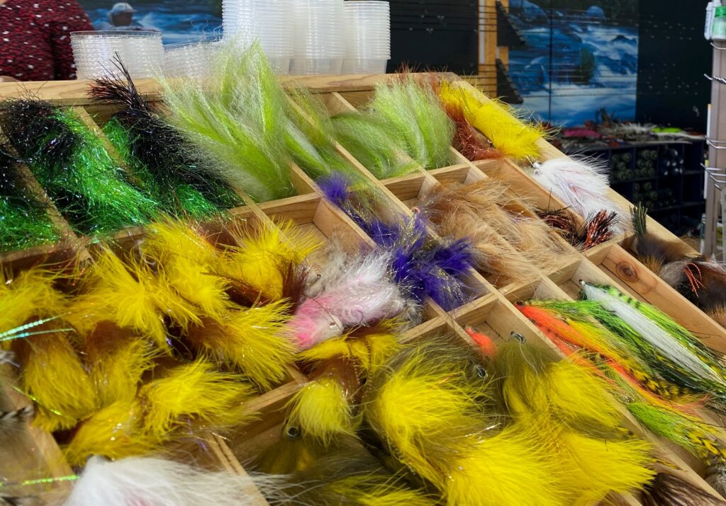 Fly Fishing Flies in a store display.