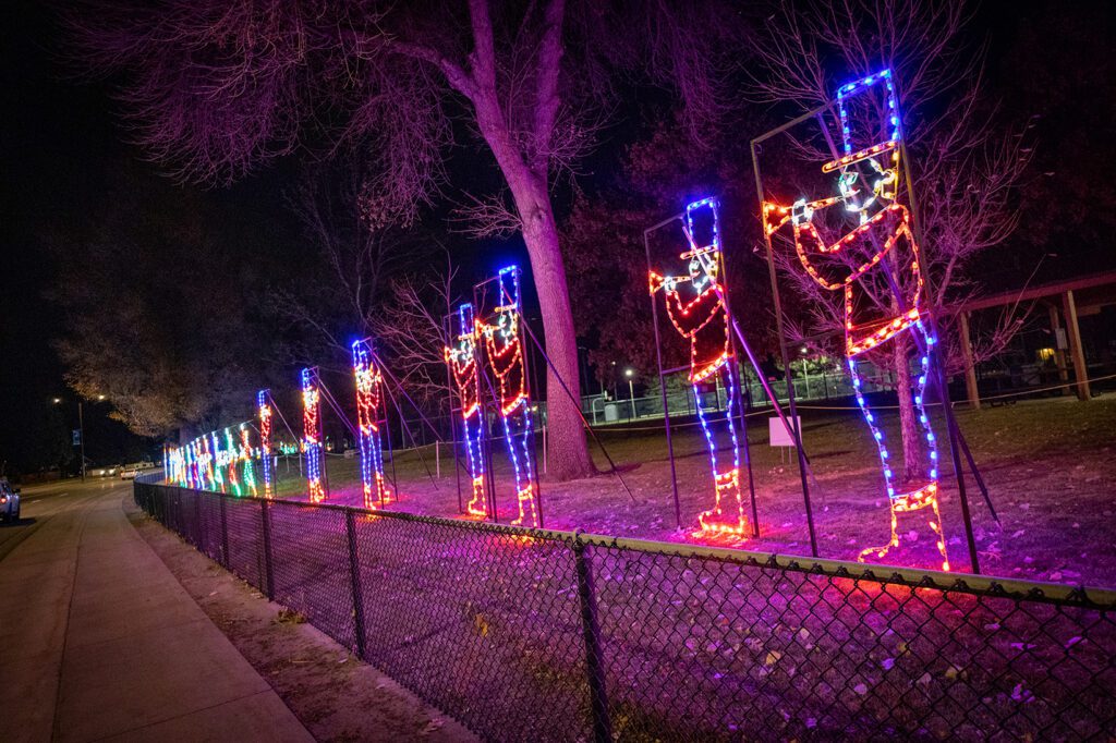 12 Days of Christmas holiday light display lit up at night.