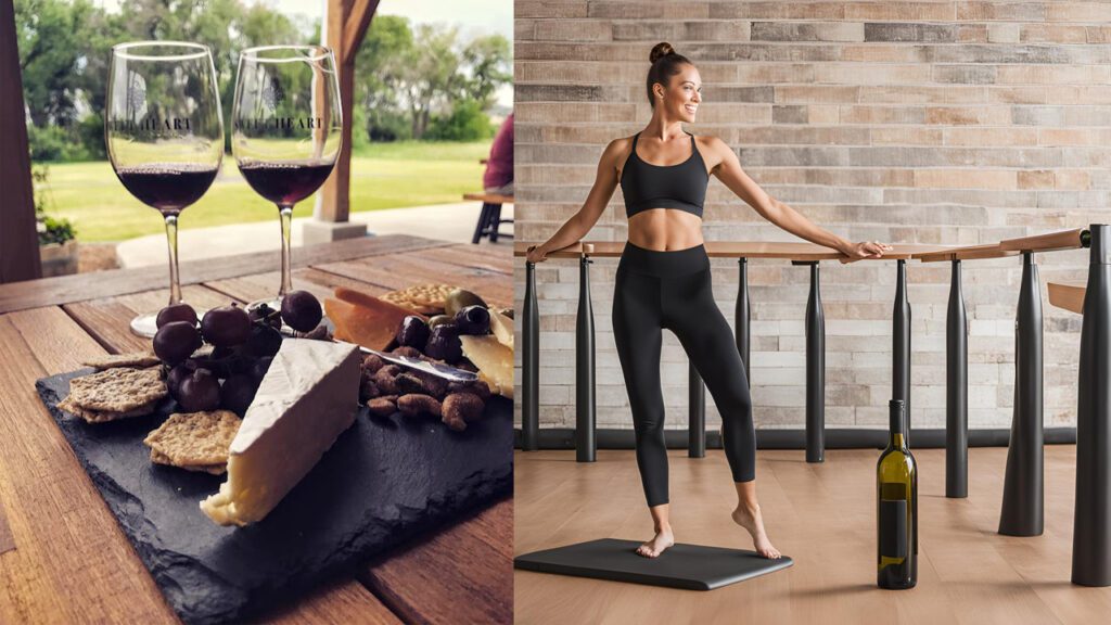 Sweet Heart Wine Glasses on a barrel with cheese and grapes alongside a yoga instructor.