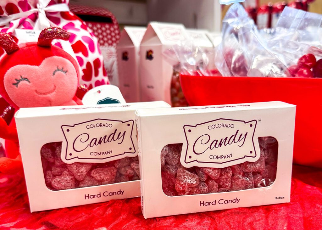 Colorado Candy Company Cinnamon Sweethearts sit on display at the Loveland Visitors Center