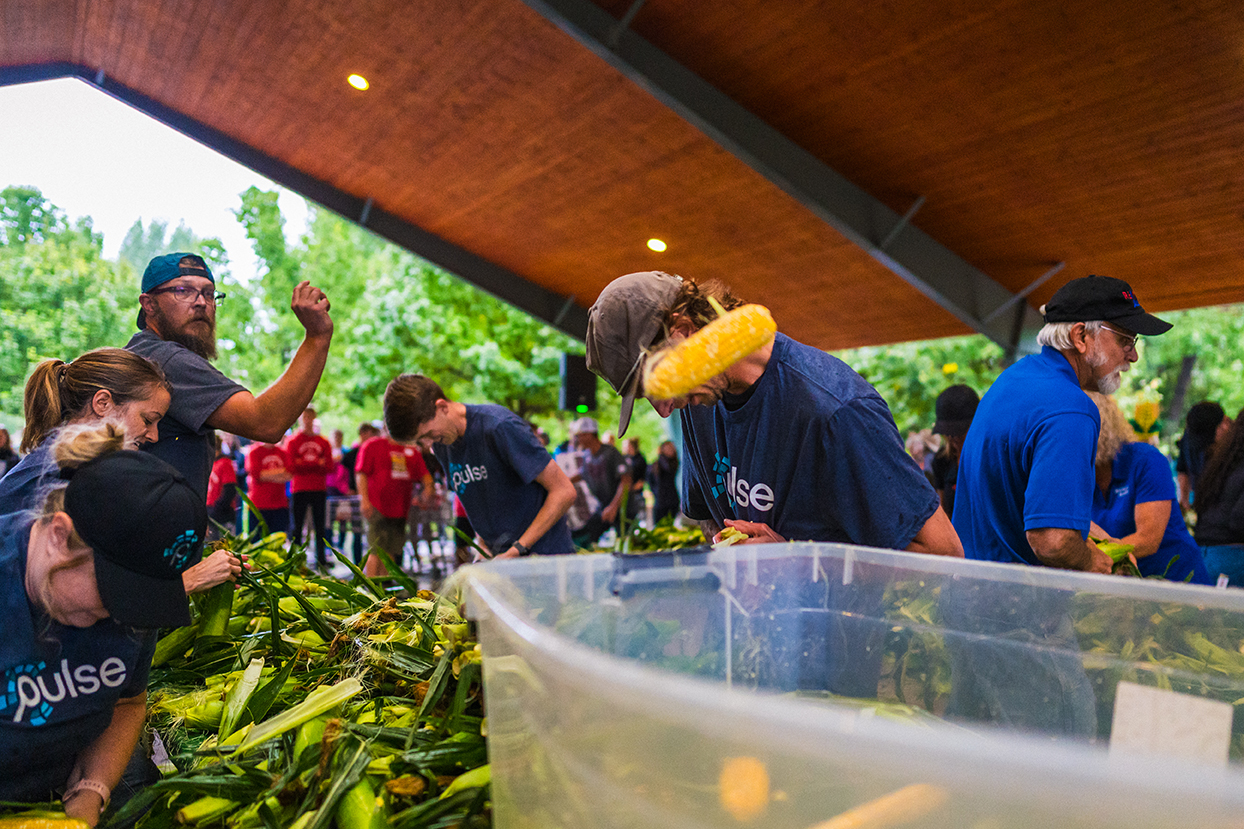 A man throws a shucked ear of corn into a water bucket during the Loveland Corn Roast Festival corn shucking contest.