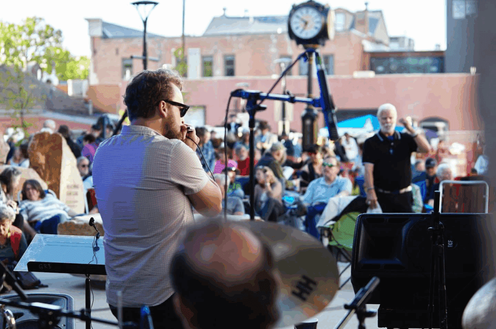 A musician plays harmonic at one of the Loveland, Colorado One Sweet Summer Concerts.