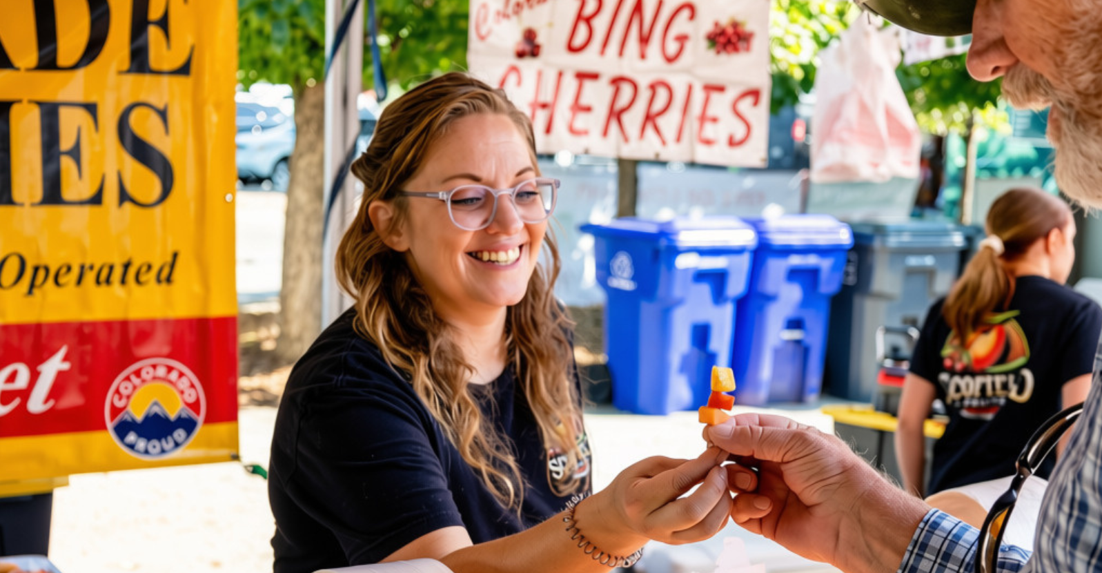 Visitor sampling fresh Colorado peaches at the Loveland Farmers Market