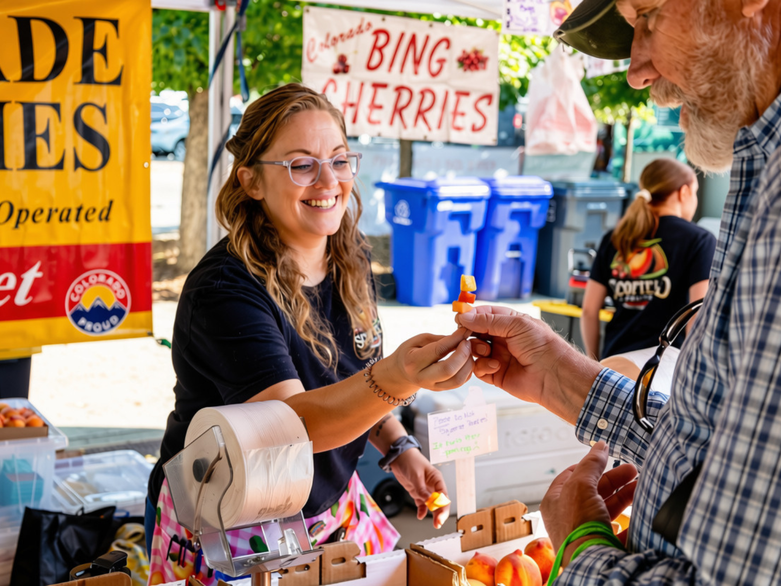 Visitor sampling fresh Colorado peaches at the Loveland Farmers Market