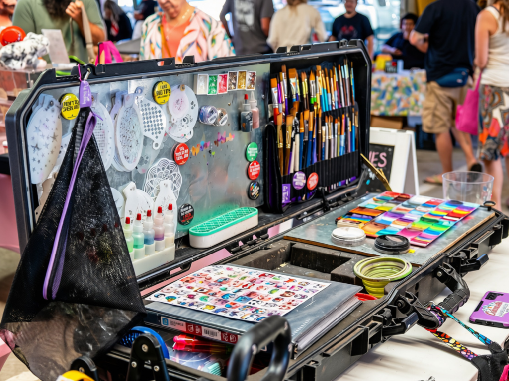 Face painting station set up for children at the Kids Farmers Market in Loveland, Colorado