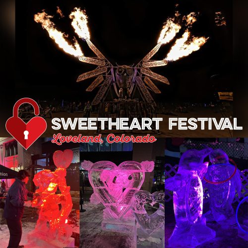 Fiery Owl and Ice Sculptures with Sweetheart Fest Logo
