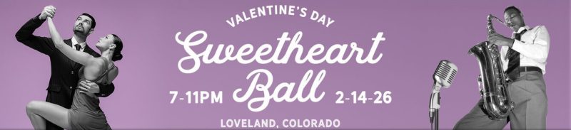 A pink banner with a logo for the loveland Sweetheart Ball with black and white dancers.