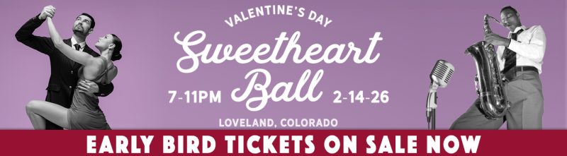 A pink banner with a logo for the loveland Sweetheart Ball with black and white dancers.